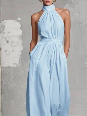 Bohemian Style Backless Jumpsuit Blue